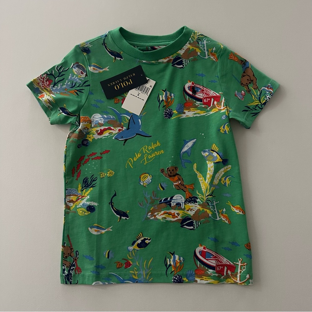 Polo Ralph Lauren Boys 5 Green Ocean Graphic Tee Bear NWT